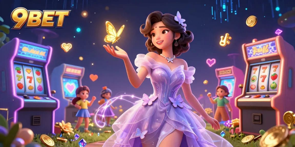 Engage with 9BET's vibrant casino experience featuring colorful slot machines and an enchanting atmosphere.