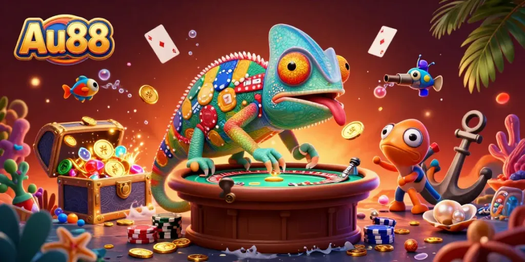 Experience the vibrant world of Au88 with a dynamic 3D chameleon casino scene bursting with casino elements.