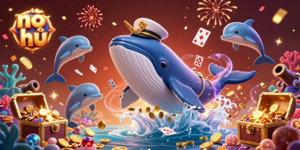 Nổ hũ: Experience thrilling online casino entertainment with a vibrant 3D scene featuring a whale captain, narwhal, and dolphins.