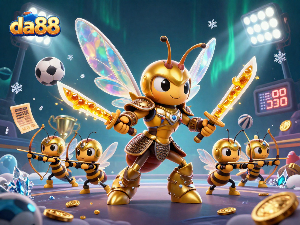 Win big at da88 with a vibrant illustration of a golden hornet samurai amidst dynamic sports elements.
