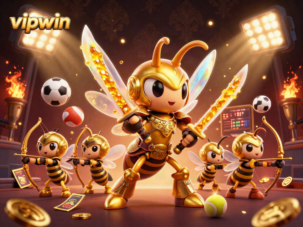 Engage in thrilling bets at vipwin with dynamic sports action, vibrant characters, and golden casino elements.