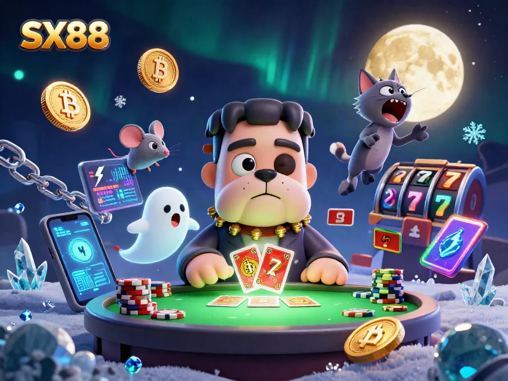 Engage with SX88 in a vibrant casino scene featuring a whimsical dog dealer at a slot table.