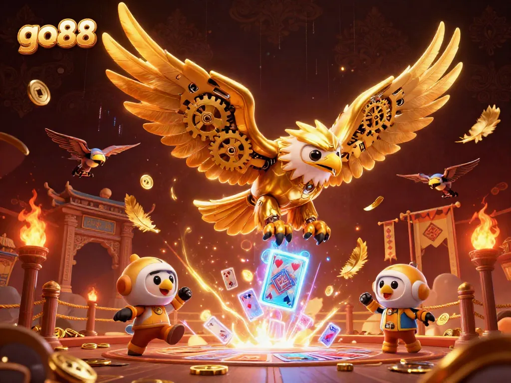 Experience thrilling gaming action with go88 as a golden eagle dives amidst holographic cards in a vibrant casino scene.