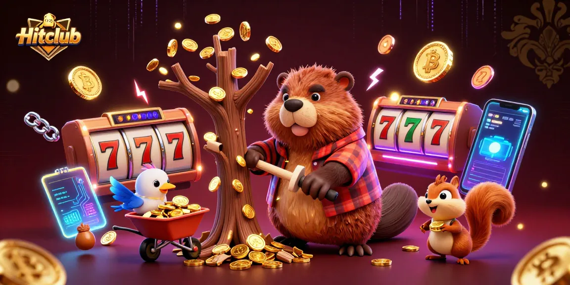 Spin the reels at Hitclub with lively characters collecting coins amidst vibrant casino imagery.