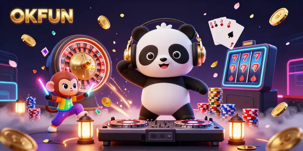 Experience the excitement of OKFUN with a vibrant 3D scene of a DJ panda, breakdancing monkey, and rave kitten in a casino atmosphere.
