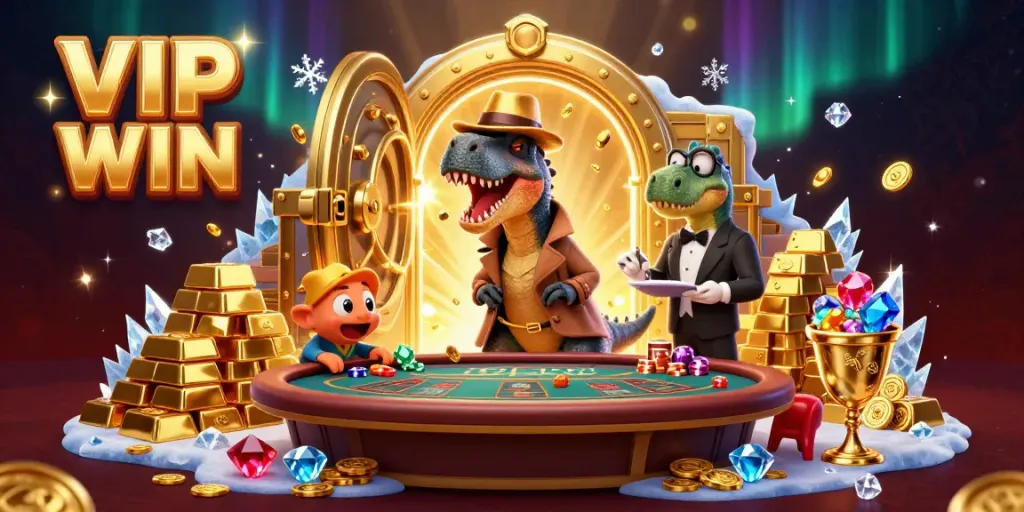 Experience excitement at VIP WIN with a velociraptor card counter and treasure in a casino setting.