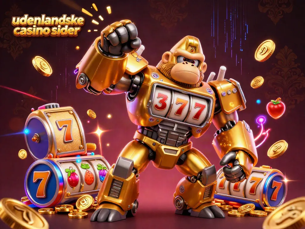 Engage with udenlandske casino sider through a dynamic 3D scene featuring a golden gorilla mech with slots exploding coins.