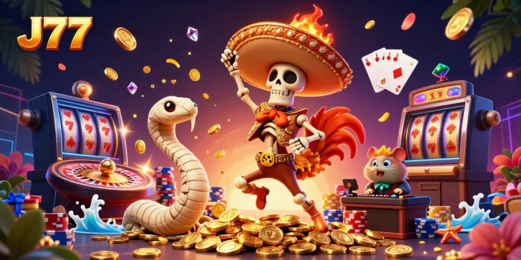 Celebrate gaming success with J77's vibrant 3D illustration showcasing fun characters and casino elements.