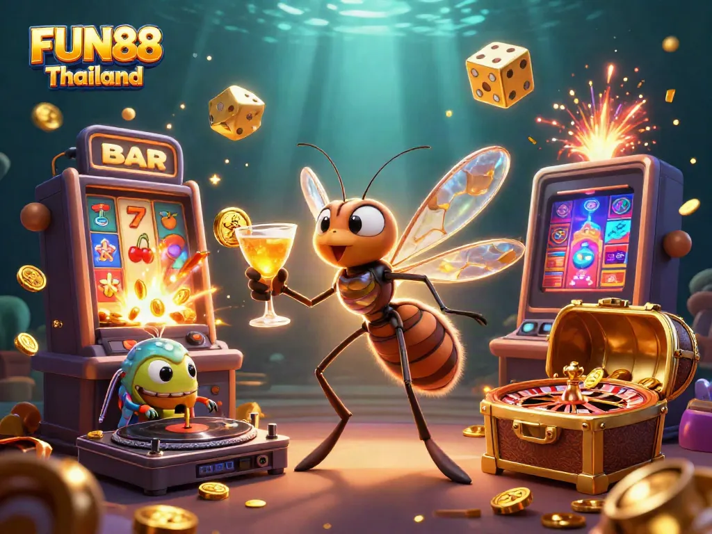 Immerse in FUN88 Thailand with a dynamic casino scene featuring a mosquito mascot and rich gaming elements.