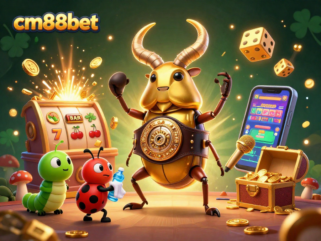 Experience the thrill of cm88bet as a golden stag beetle battles for jackpot winnings in a vibrant casino scene.