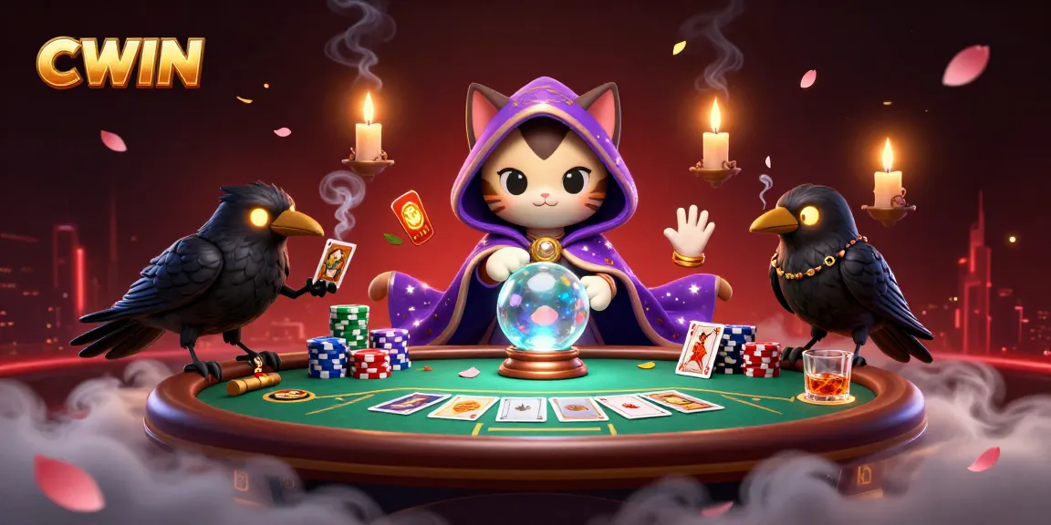 CWIN captivates with a vibrant 3D scene featuring a mystical fortune teller cat and tarot raven surrounded by poker excitement.