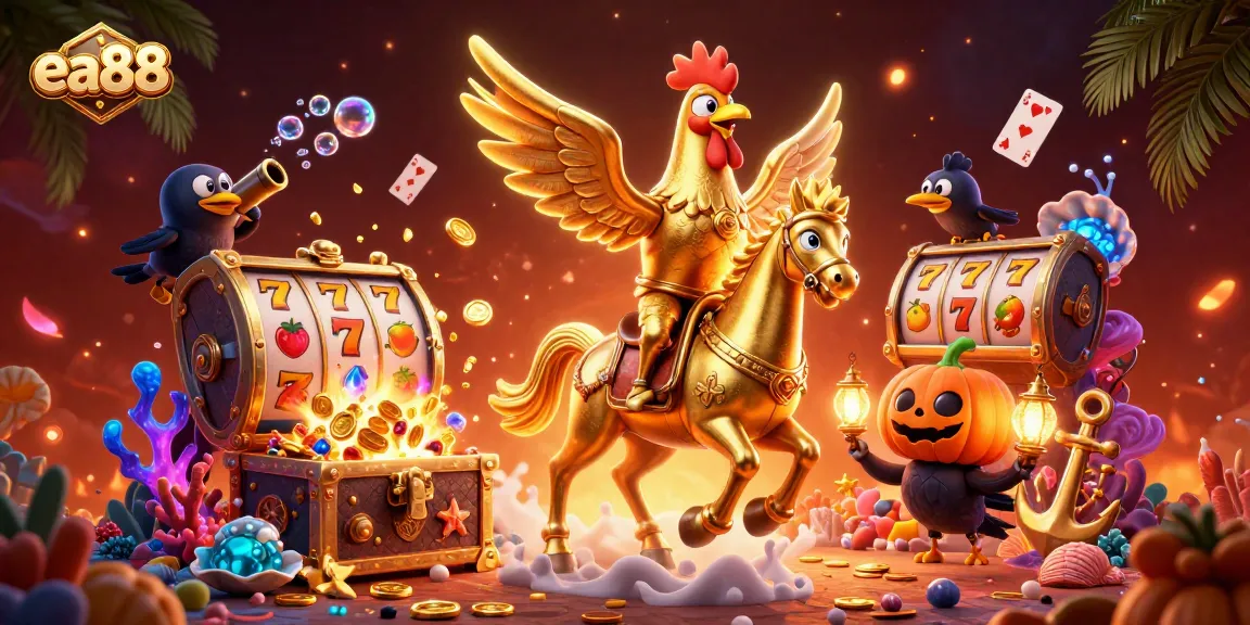 Win big with ea88 in this vibrant 3D illustration filled with casino excitement!