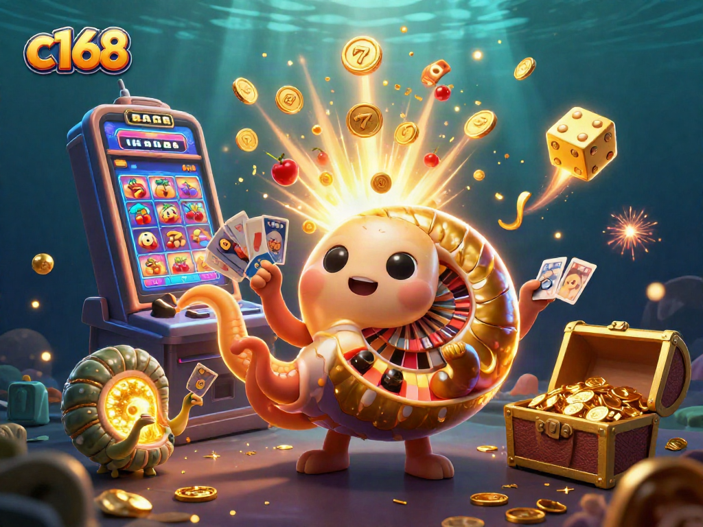 Experience thrilling gameplay with c168's vibrant casino scene featuring ancient giant nautilus and jackpot symbols.