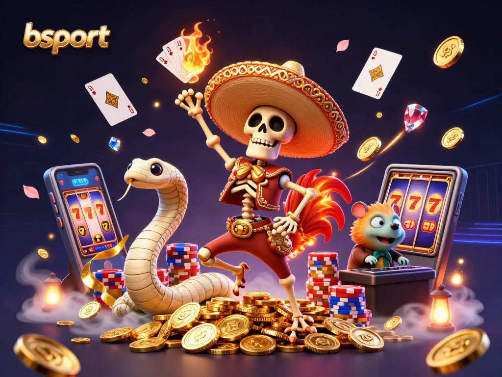 bsport offers thrilling gameplay with a vibrant scene featuring a rooster, snake, and DJ celebrating wins.