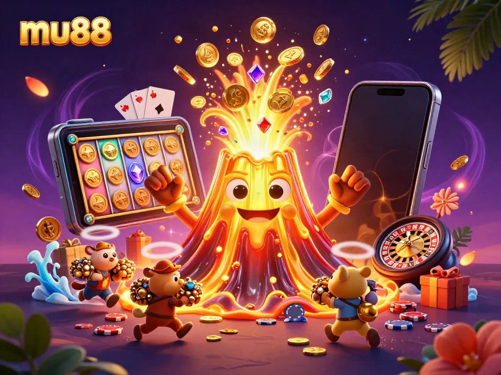 Experience thrill with mu88's treasure volcano erupting coins and gems in this exhilarating casino scene.