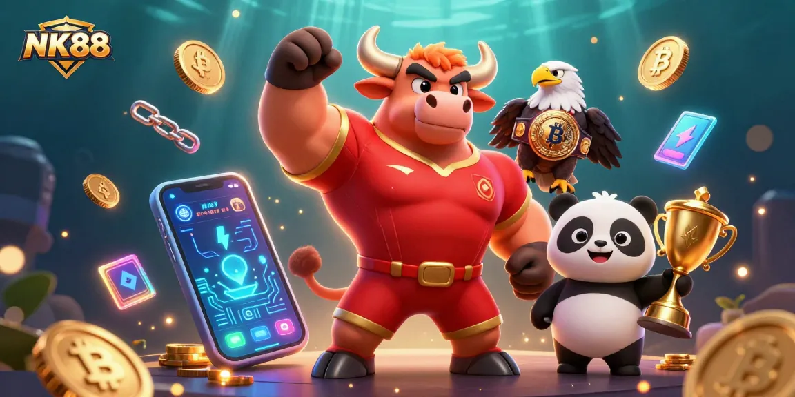 Win big with NK88 as a cheerful panda and bull mascot celebrate in a dynamic casino scene.