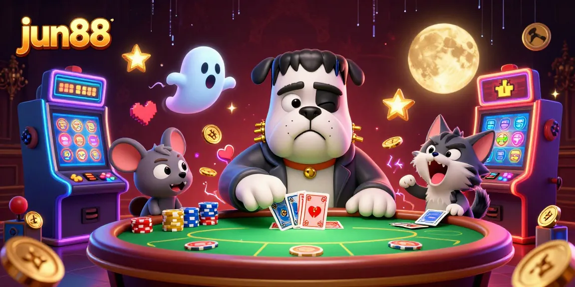 Experience thrilling gameplay at jun88 with a ghost mouse and werewolf kitten surrounded by colorful casino elements.