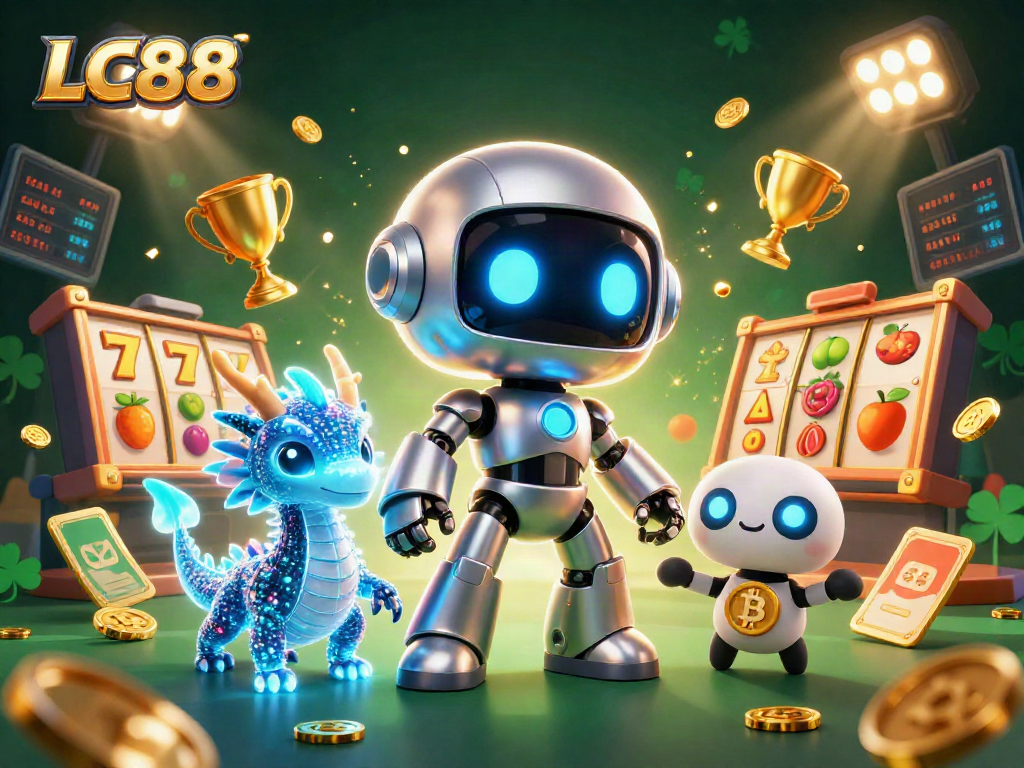 Engage in thrilling action with LC88 as the cyberpunk mascot and companions captivate the casino scene.