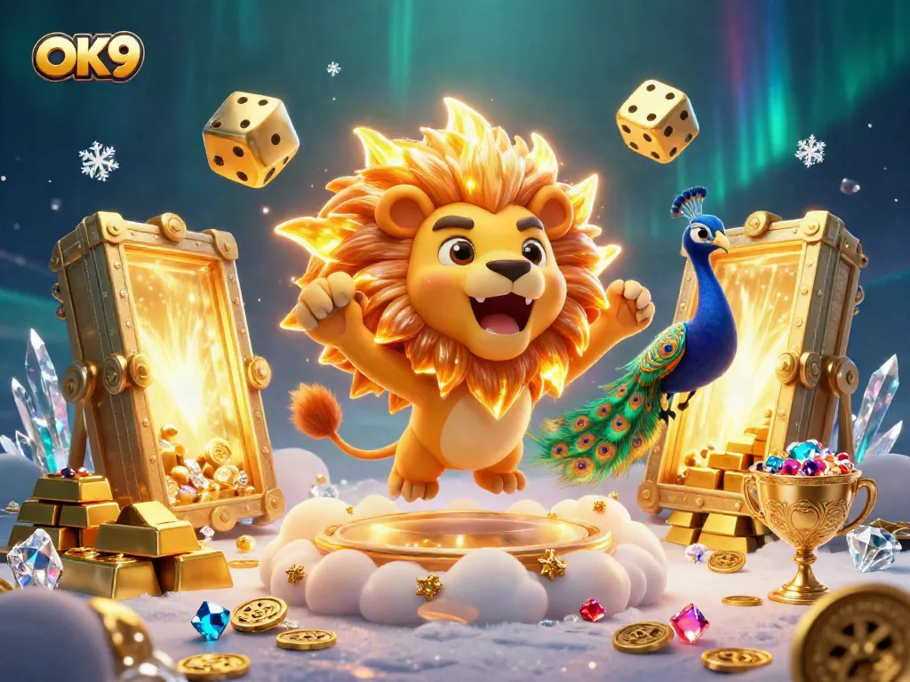 Experience thrilling wins with OK9, illustrated through a vibrant casino adventure scene complete with golden treasures.