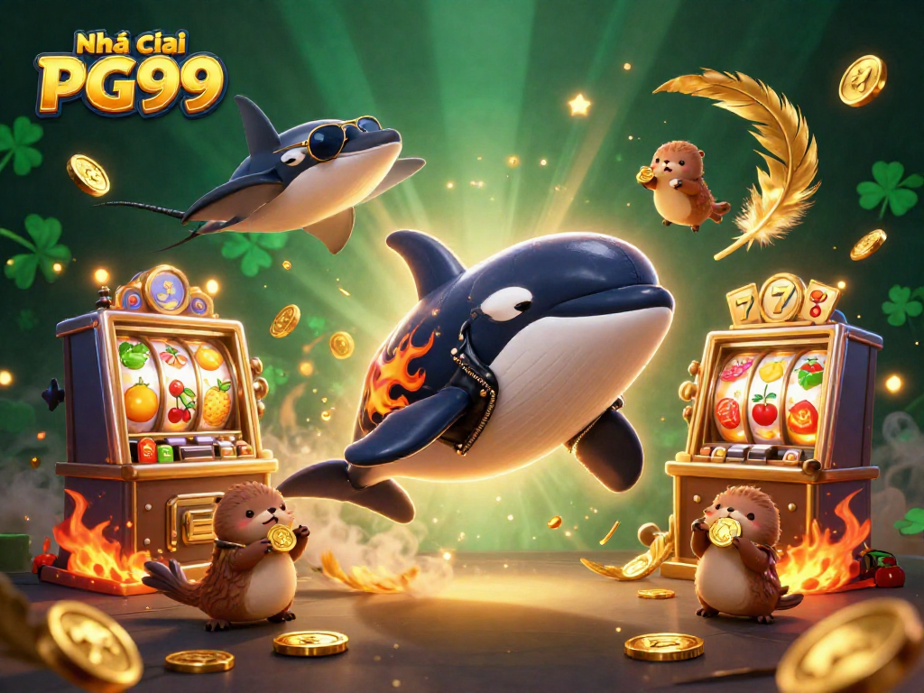 Experience the thrill of Nhà cái PG99 as a 3D orca whale jumps amidst slot machines and golden coins.