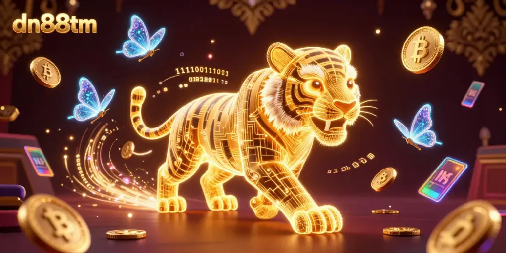 Experience the thrill of dn88tm in a vibrant digital casino landscape with a glowing golden tiger and crypto elements.