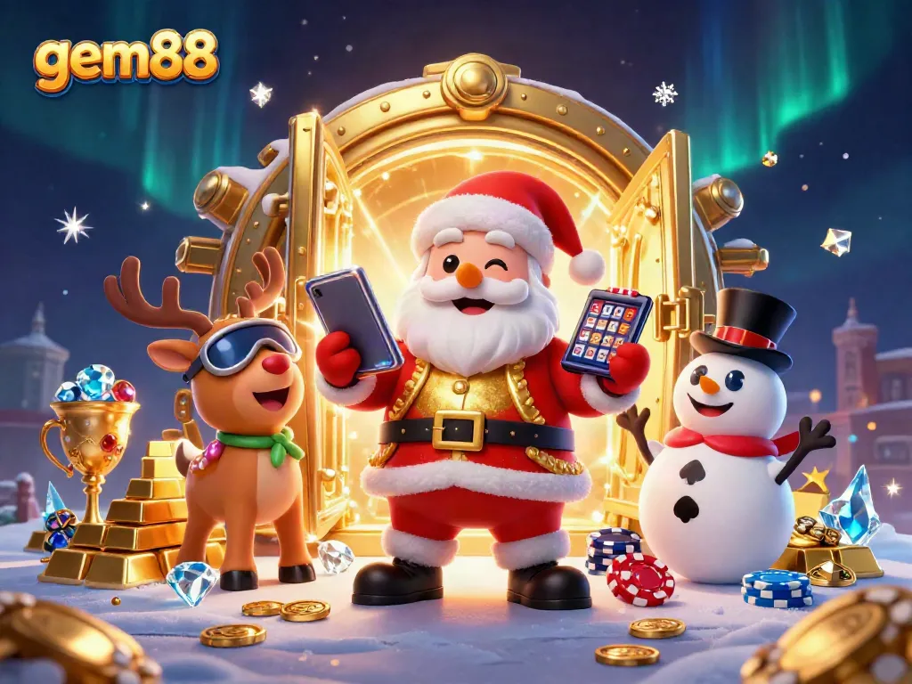Experience the excitement of winning at gem88 with a festive casino-themed illustration.
