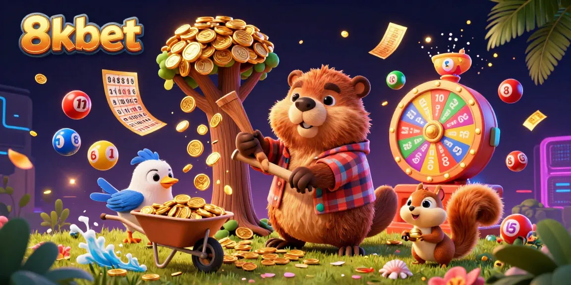 8xbet invites players to win big with delightful cartoon characters gathering golden coins and lottery prizes.