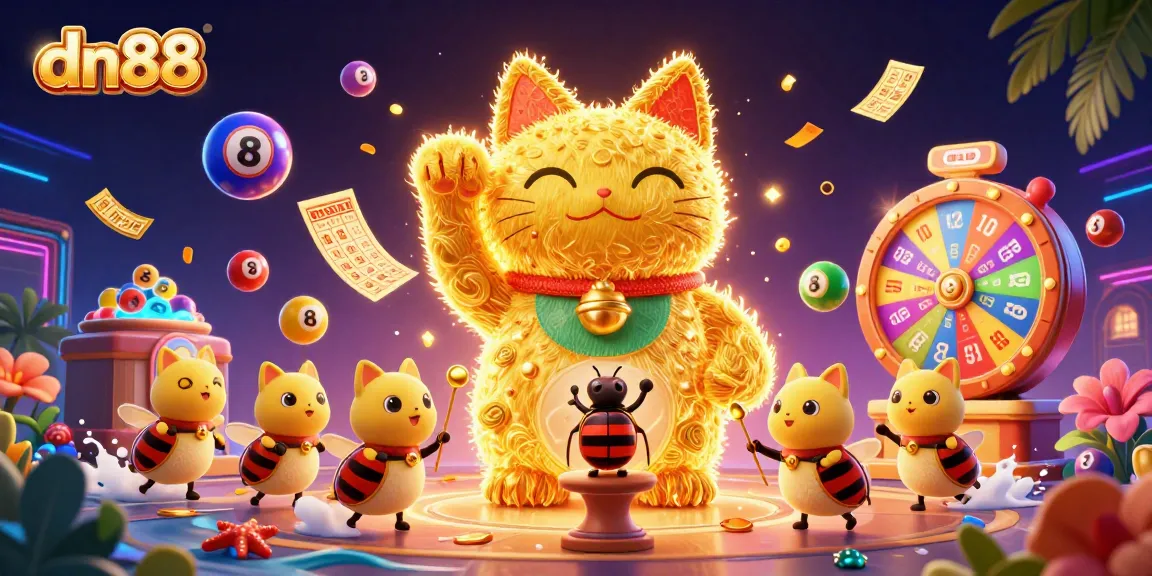 Engage with thrilling gameplay at dn88, featuring a vibrant lucky cat and casino symbols.
