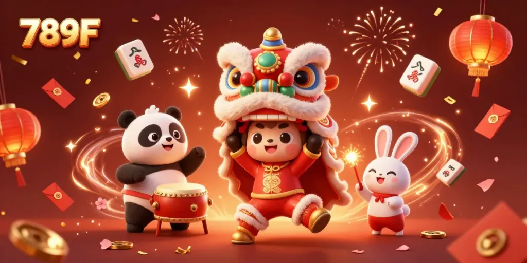 Engage with 789F's vibrant celebration featuring animated characters in a festive lion dance surrounded by casino elements.