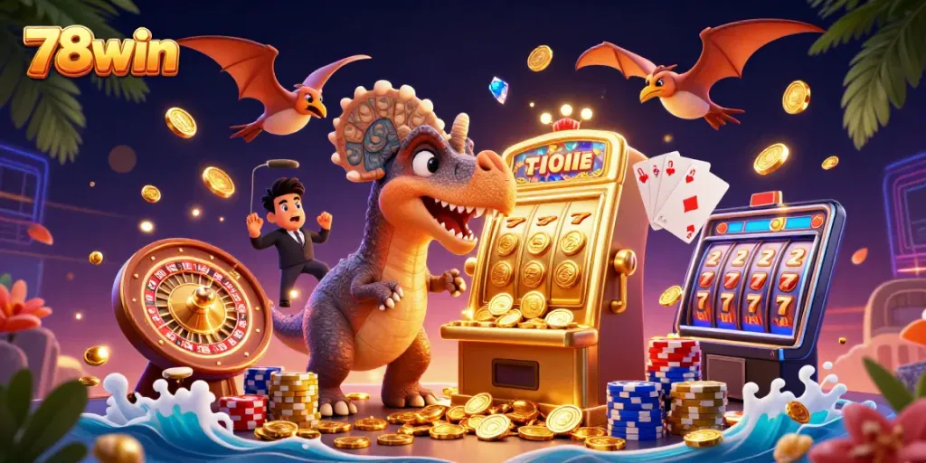 Experience excitement at 78win as the pachycephalosaurus hits a jackpot on a golden slot machine.