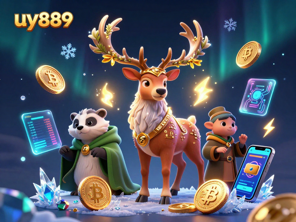 Engage with the uy889 world, featuring crypto coins and mystical characters in a dynamic casino scene.
