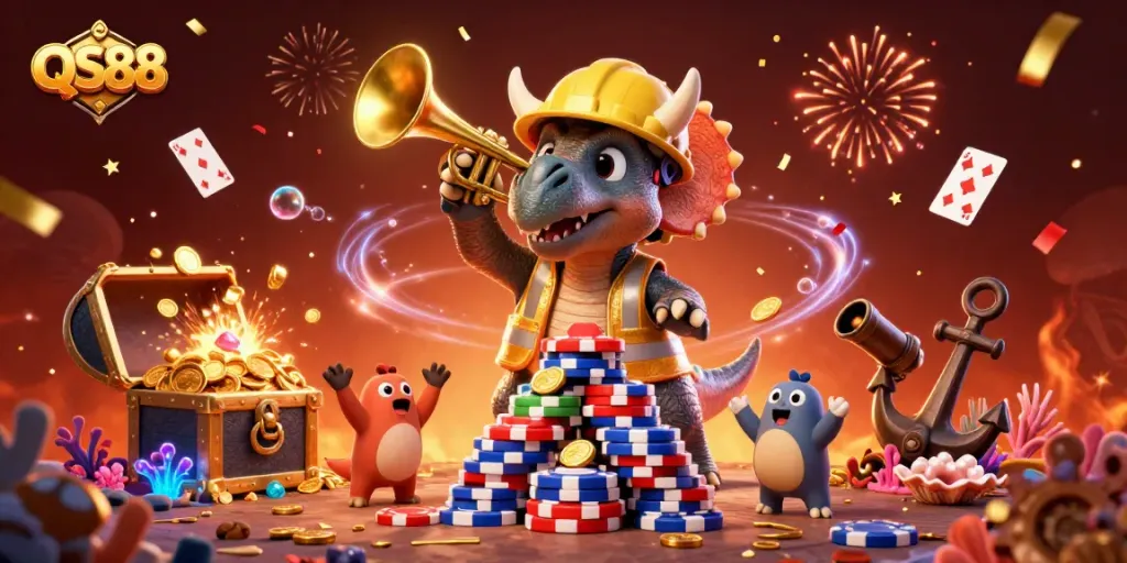 Experience the excitement of QS88 with a vibrant 3D illustration featuring gaming characters and celebratory elements.