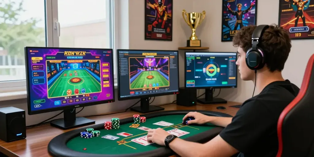 Engaged player at online casino interface showcasing ku88 gaming experience with vibrant colors and gaming elements.