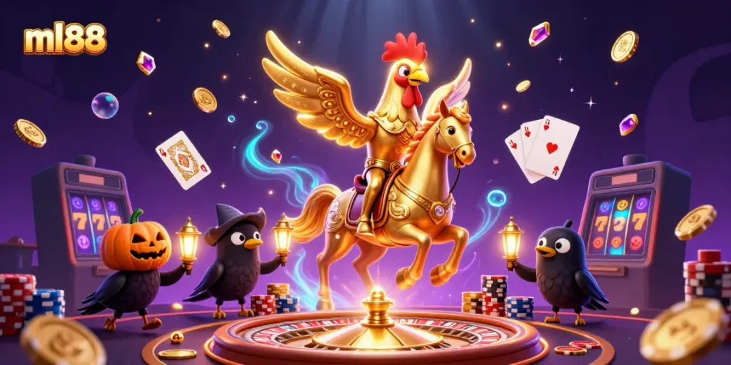 Experience the vibrant energy of ml88 casino with golden rooster and crow companions amidst glowing rewards.