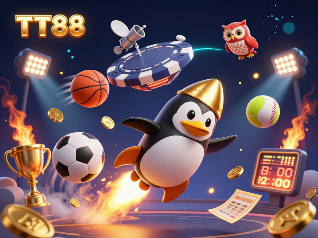 Engage with TT88's thrilling online casino experience through a dynamic 3D illustration featuring a golden penguin and casino elements.