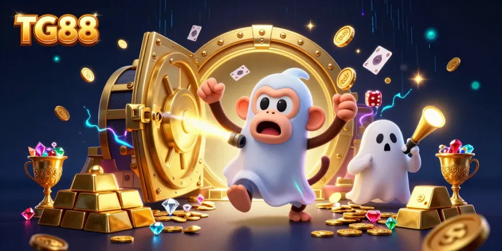Engage with TG88's exciting haunted casino featuring a magical poltergeist monkey juggling treasures during a thrilling chase.