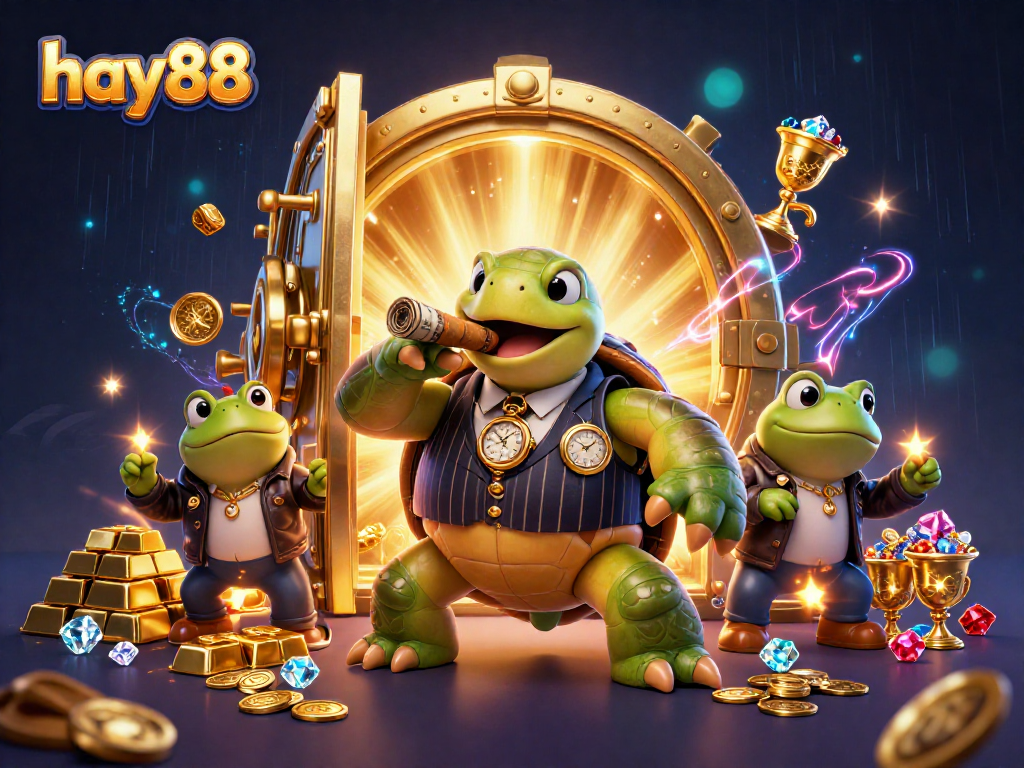 Experience excitement at hay88 with a vibrant 3D casino scene featuring a money-themed turtle and bullfrogs.