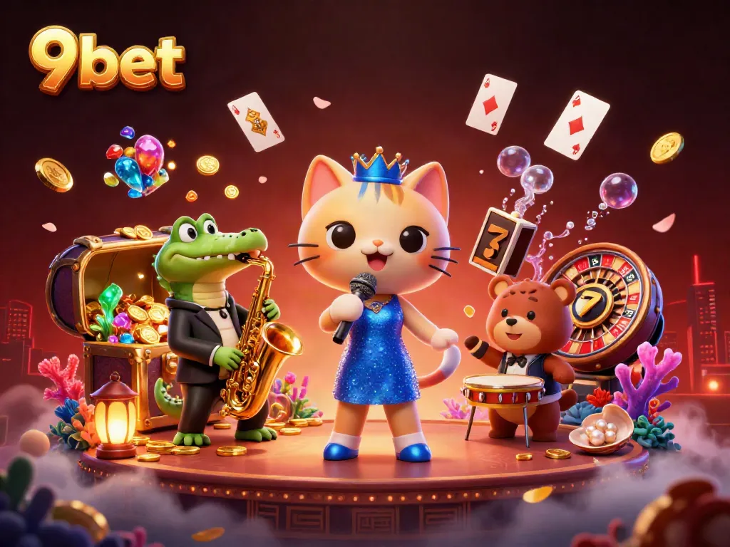 Experience the vibrant energy of 9bet with lively characters in a rich casino setting.