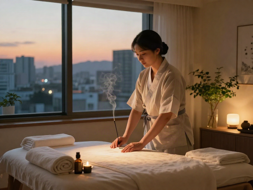 An inviting 인천출장마사지 setup with a serene therapist preparing aromatic oils and towels in a city apartment.