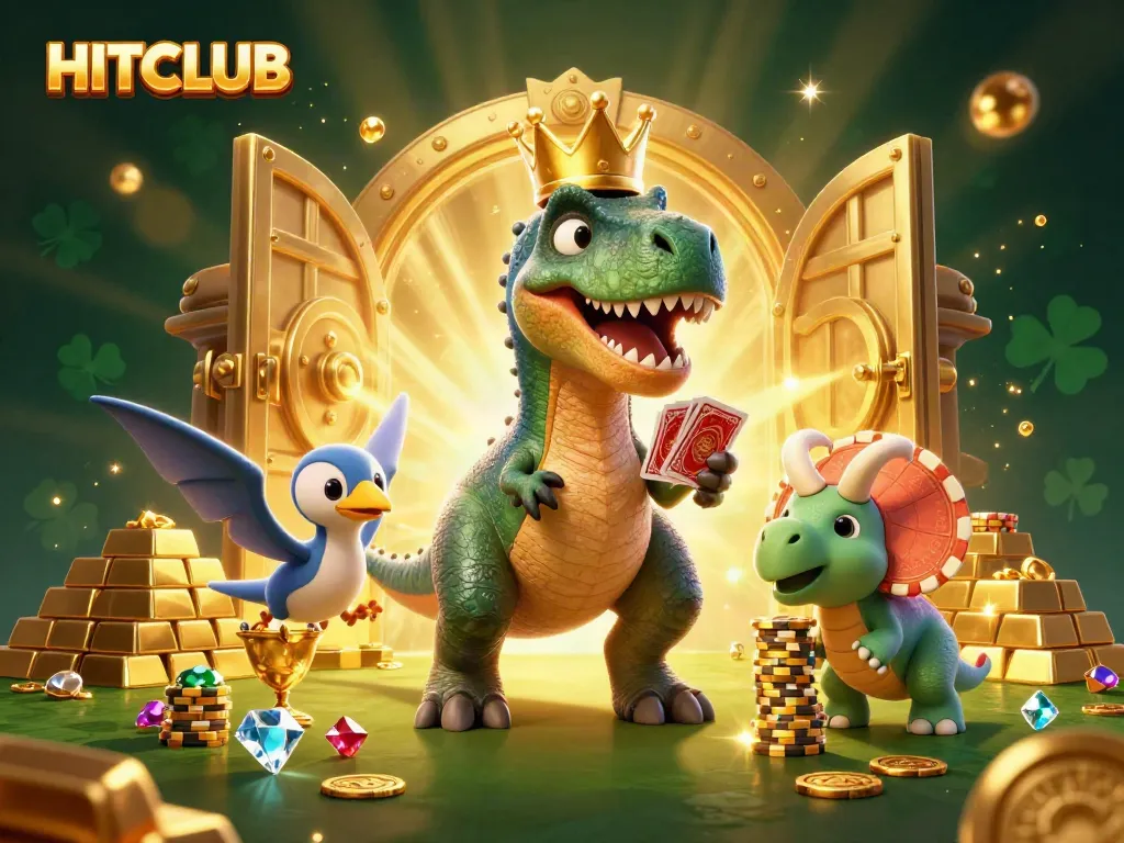 Engage in thrilling action with HITCLUB's vibrant cartoon scene featuring casino games.