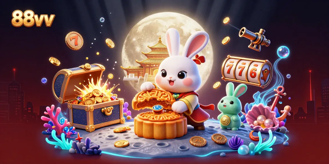 Engage with 88vv's immersive gaming experience featuring a lively casino scene with vibrant slot reels and playful characters.