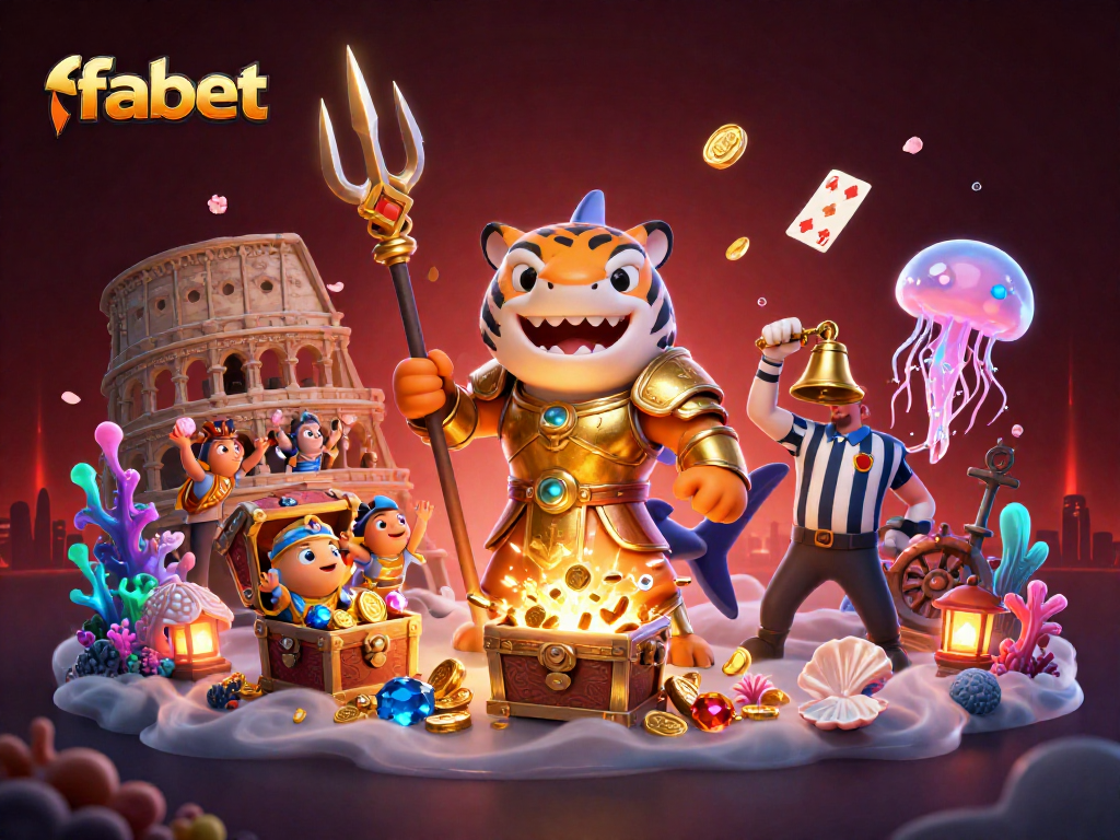 Engage with fabet's vibrant underwater casino scene featuring a gladiatorial shark amidst treasure and games.