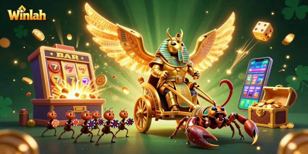 Winlah's thrilling casino experience highlighted by a gold scarab beetle and dynamic slot machine explosion.