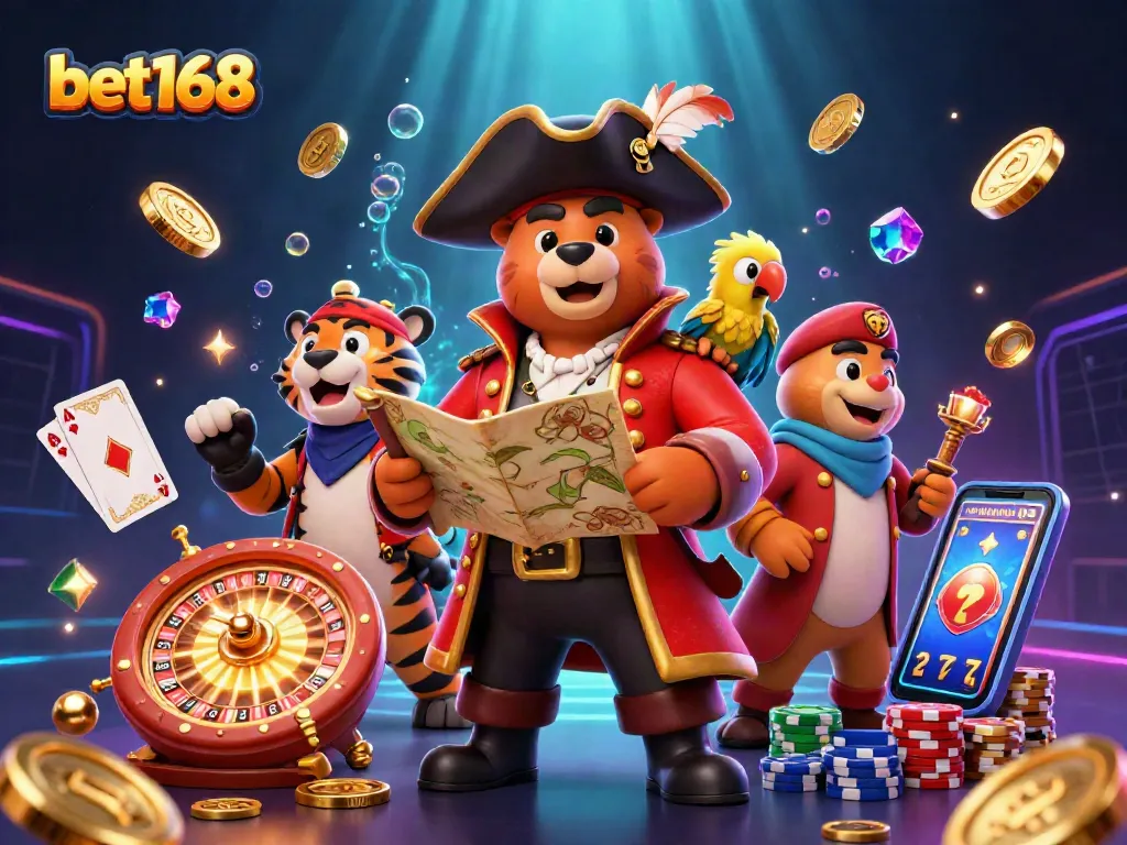 Experience the thrill of bet168 with a vibrant 3D illustration showcasing pirates, treasure, and casino elements.