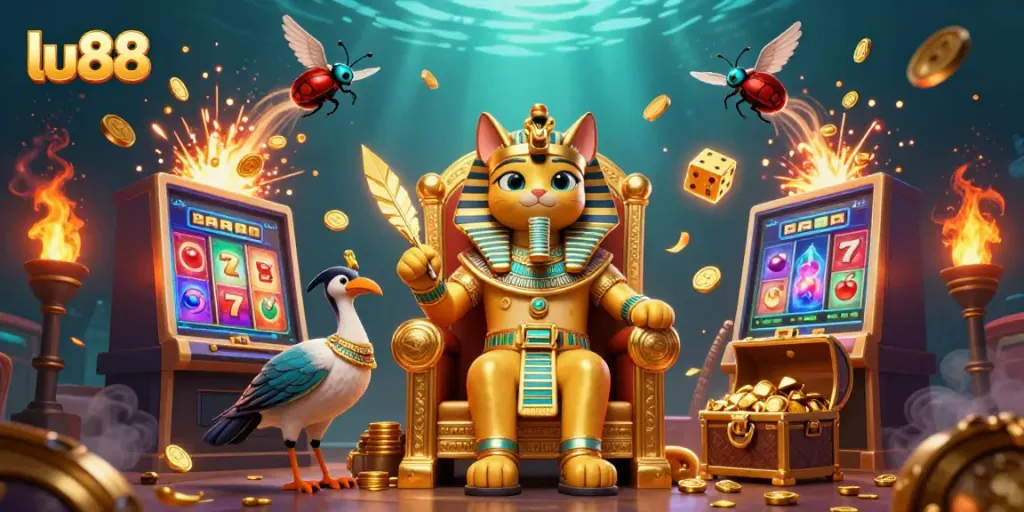 Win big with LU88's vibrant jackpot featuring a pharaoh cat and exotic game elements.