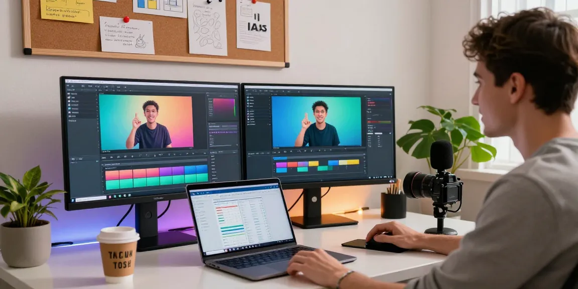 Creative workspace showcasing an AI video generator in action with visuals, dual monitors, and vibrant lighting.