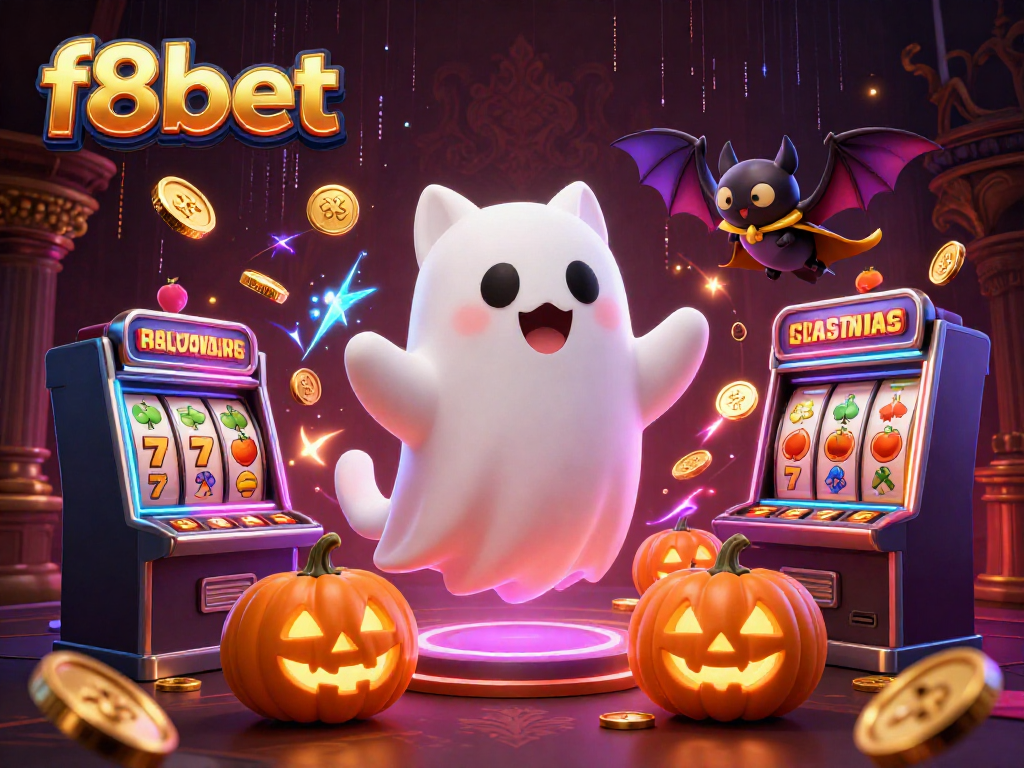 Play immersive games at f8bet featuring a ghost cat and vampire bat amidst vibrant slots ambiance.