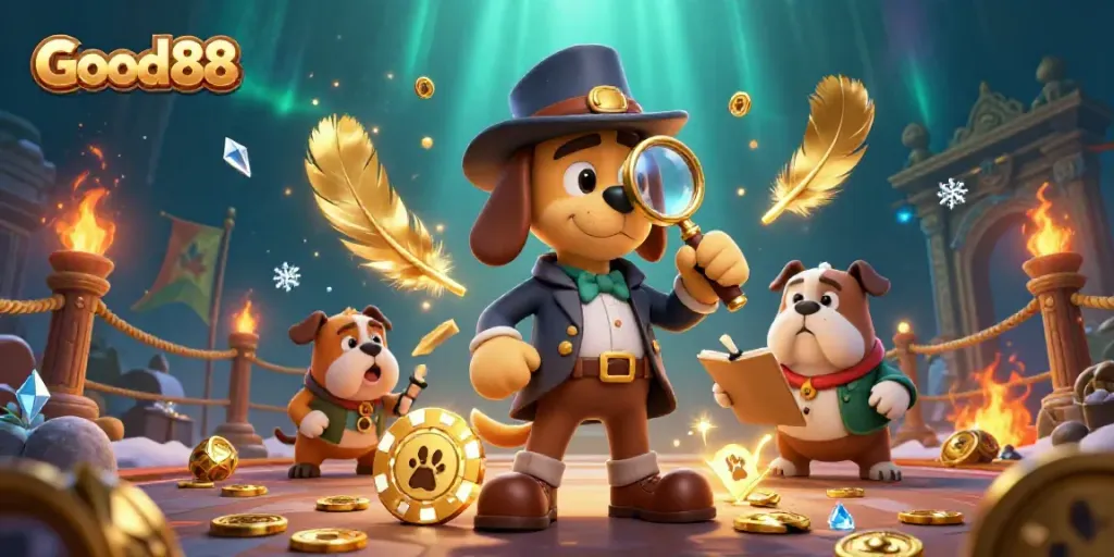 Good88 casino scene featuring a detective dog investigating poker chips and paw prints leading to treasure.
