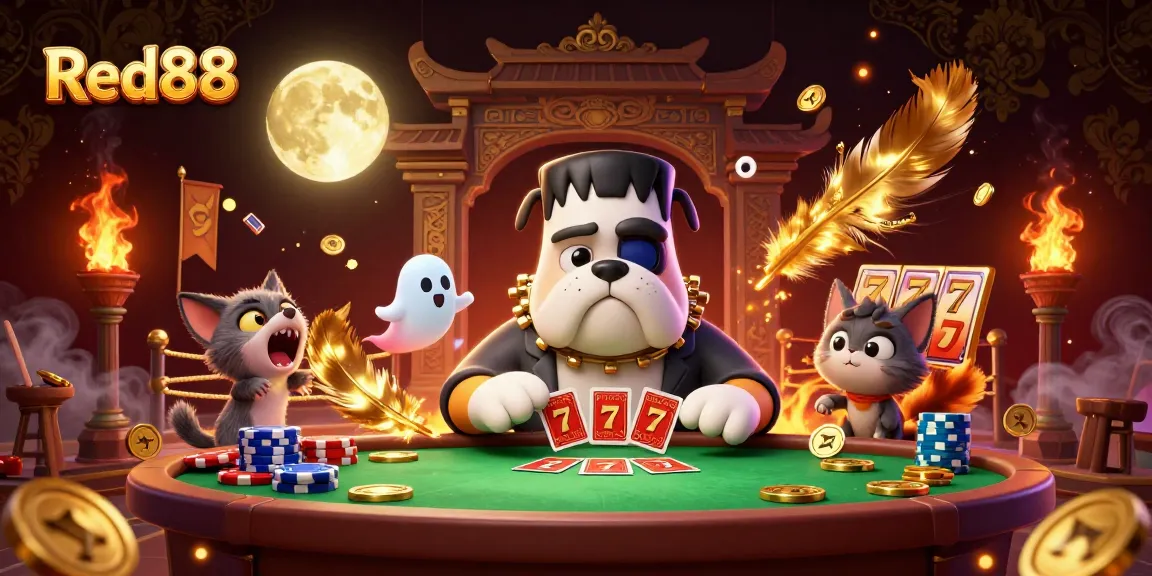 Win big at Red88 with a lively scene of characters dealing cards amid a vibrant casino backdrop.