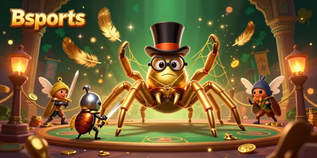 Bsports showcases a dynamic 3D scene featuring a golden tarantula and beetle knight in a vibrant casino setting.